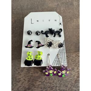 New Leith Halloween 6 Pair Earring Set Cats Witch Cauldron Spider Haunted Houses